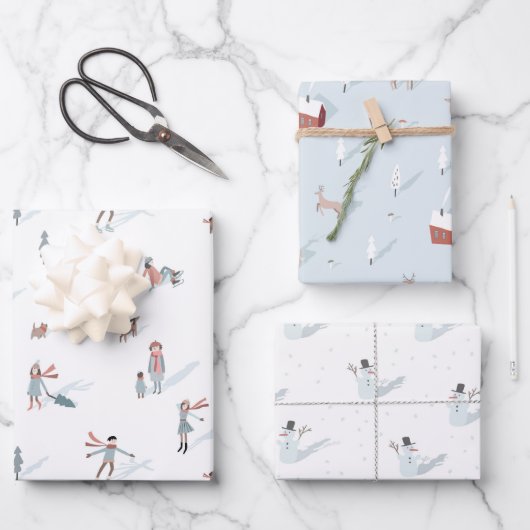 Winter People Village Snowman Weihnachtsfeiertag Geschenkpapier Set (Vorderseite)