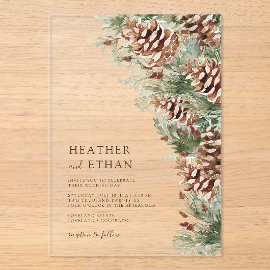 Winter Pine Acrylic Wedding Einladung (Vorderseite)