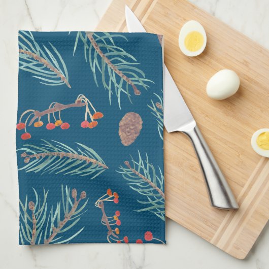 Winter Pine and Berries Wasserfarbenmuster Geschirrtuch (Viertel Falte)