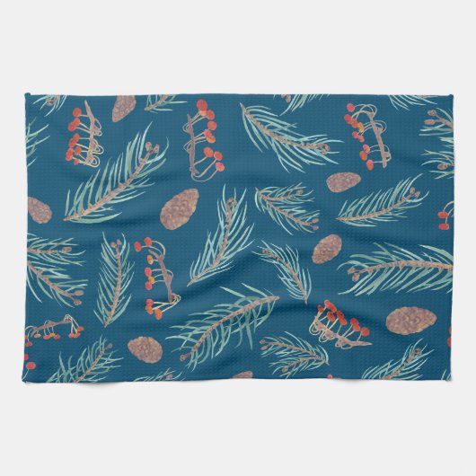 Winter Pine and Berries Wasserfarbenmuster Geschirrtuch (Horizontal)