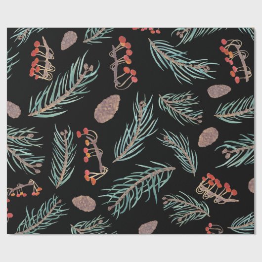 Winter Pine & Berries Botanisches Muster Geschenkpapier (Flach)