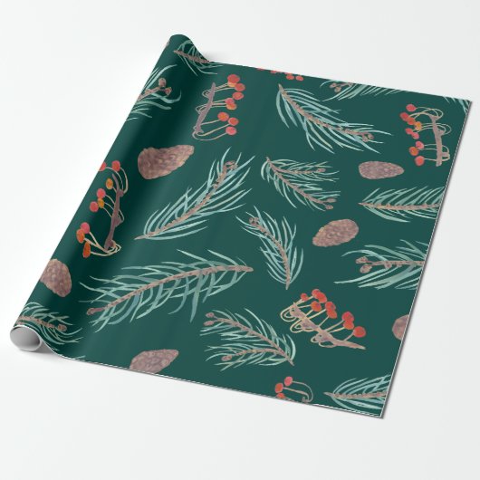 Winter Pine & Berries Botanisches Muster Geschenkpapier (Ungerollt)
