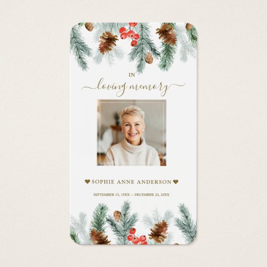 Winter Pine Berry Cone Border Foto Beerdigung Gebe (Vorderseite)