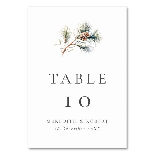 Winter Pine Branch & Cone Wedding Tischnummer (Rückseite)