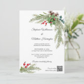 Winter Pine Branches mit Berries QR Code Wedding Einladung (Stehend Vorderseite)