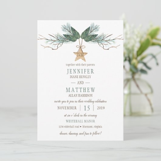 Winter Pine Branches Pine Cones Star Wedding Einladung (Stehend Vorderseite)