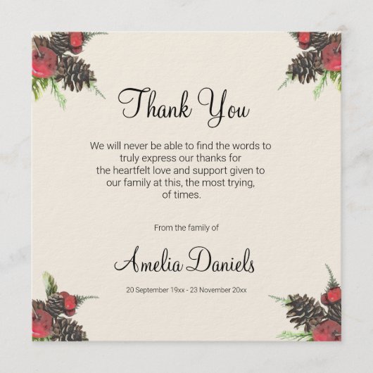 Winter Pine Cone and Berry Funeral Thank You Cards Einladung (Vorderseite)