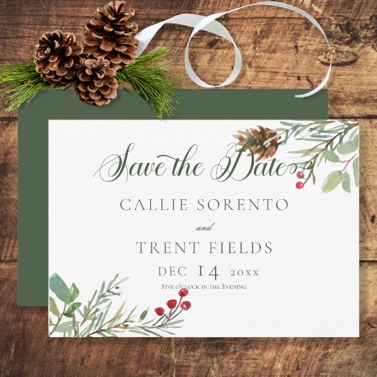 Winter Pine Cone Berries Moderne Save the Date Car