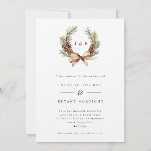 Winter Pine Cone & Blätter Wreath Monogram Wedding Einladung (Vorderseite)