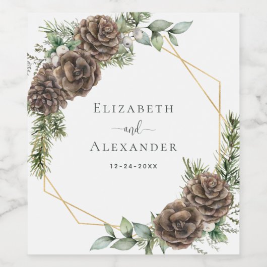 Winter Pine Cone Grüne Wasserfarbenhochzeit Weinetikett (Einzelnes Label)