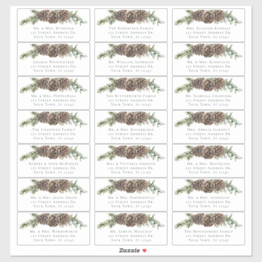 Winter Pine Cone Wedding Guest Address Labels (Blatt)
