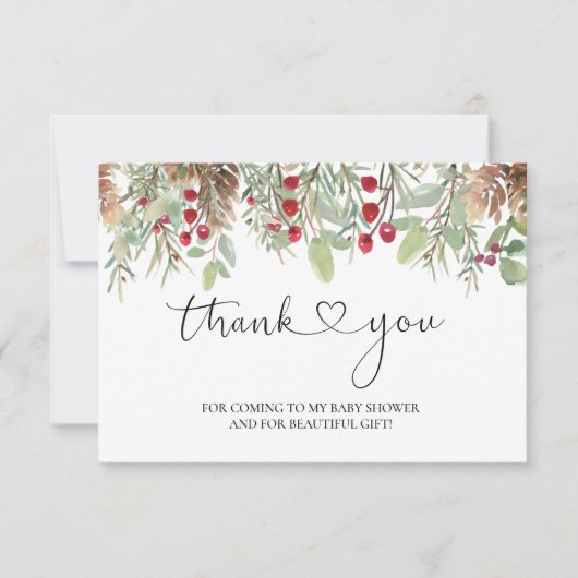 Winter Pine Cones Red Berry Baby Dusche Vielen Dan Dankeskarte (Vorderseite)