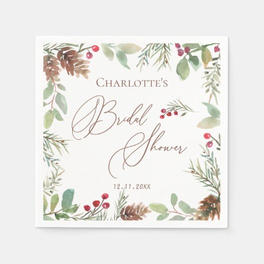 Winter Pine Cones Red Berry Brautparty Serviette (Vorderseite)