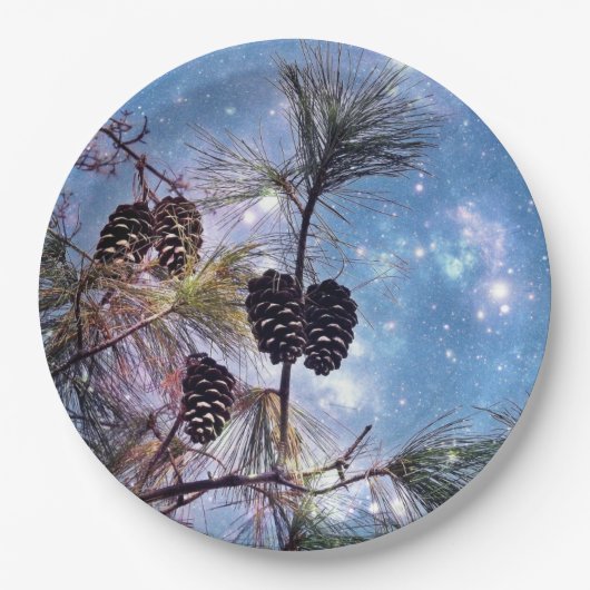 Winter Pine Cones unter einem Sternenhimmel Pappteller (Vorderseite)