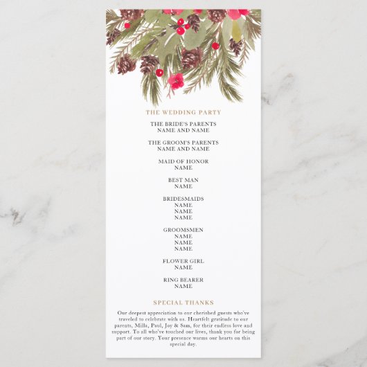 Winter pine elegance red green wedding program programm (Rückseite)
