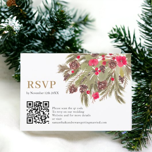 Winter pine elegance red green wedding  Rsvp qr