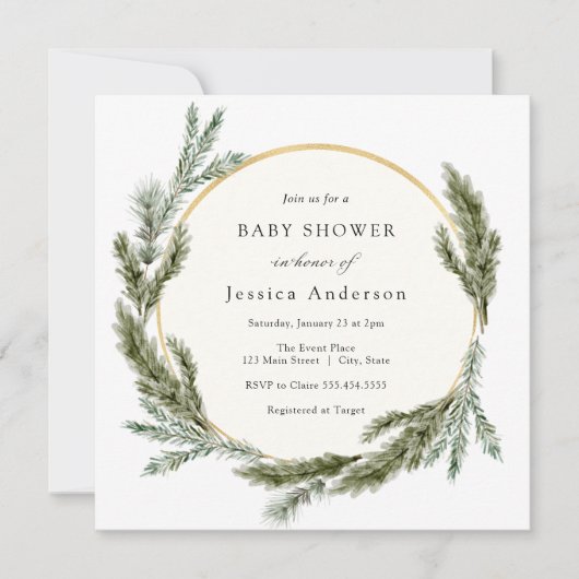 Winter Pine Evergreen Baby Dusche Einladung (Vorderseite)