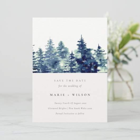 Winter Pine Forest Snow Wasserfarbe Save the Date Einladung (Stehend Vorderseite)