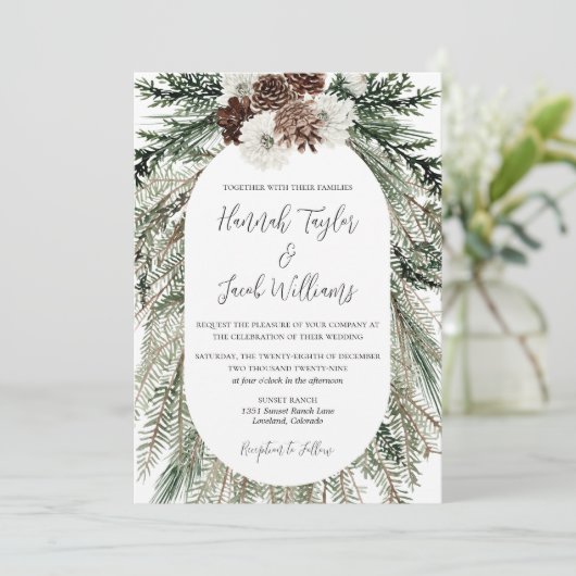 Winter Pine Forest Wedding mit QR Code UAWG Einladung (Stehend Vorderseite)