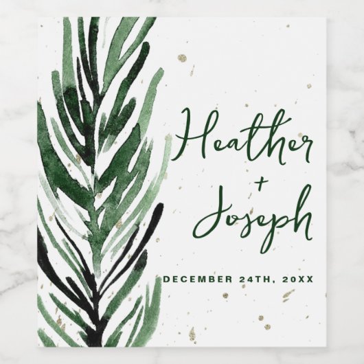 Winter Pine & Gold Weihnachtsfest Hochzeit Weinetikett (Einzelnes Label)