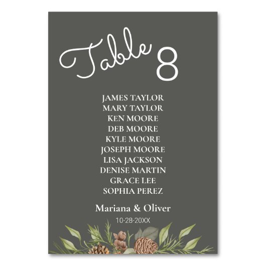 Winter Pine Gray Tischnummer Card mit Namen (Vorderseite)