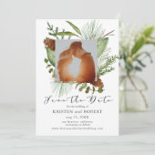 Winter Pine Greenery Foto Save the Date Karte (Stehend Vorderseite)