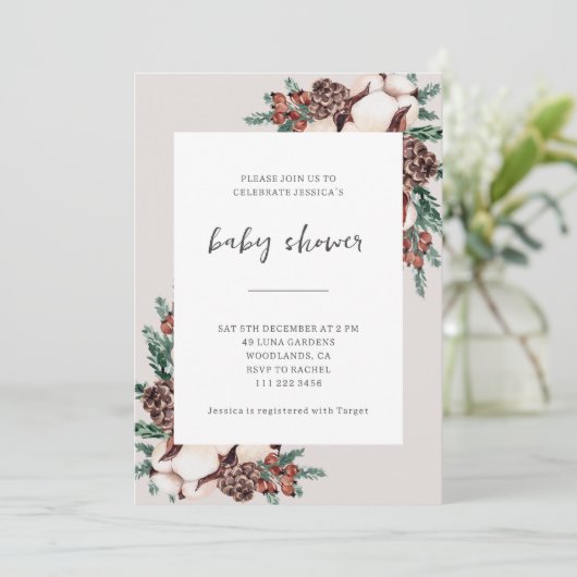 Winter Pine Greenery Simple Baby Shower Einladung (Stehend Vorderseite)