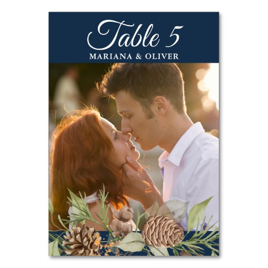 Winter Pine Navy Blue Wedding Tischnummer (Vorderseite)