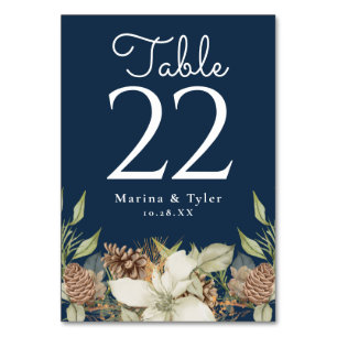 Winter Pine Navy Blue Wedding Tischnummer Cards