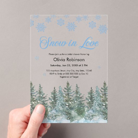 Winter Pine Snow in Love Snowflakes Bridal Shower Acryleinladungen (Insitu (Handheld))
