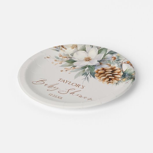 Winter Pine Tree Baby Dusche Pappteller (Schrägansicht)