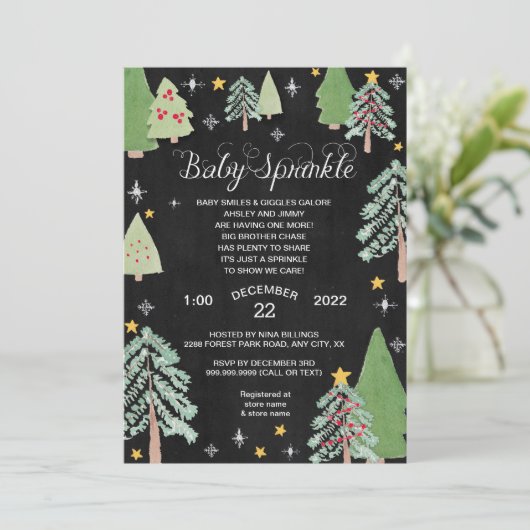Winter Pine Tree Baby Sprinkle Einladung (Stehend Vorderseite)