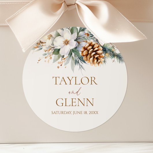 Winter Pine Tree Blume Blumengarten Hochzeit Runder Aufkleber