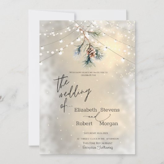 Winter Pine Tree Cone String Lights Hochzeit Einladung (Vorderseite)
