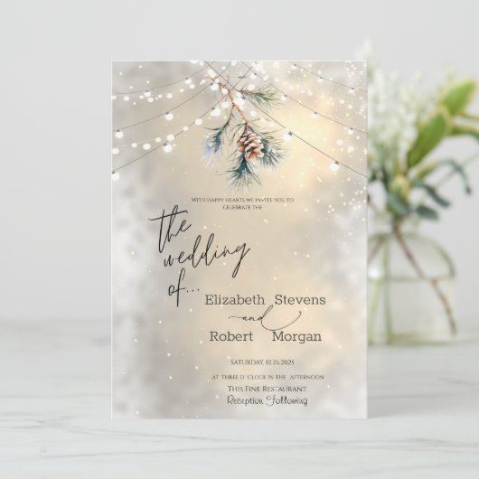 Winter Pine Tree Cone String Lights Hochzeit Einladung (Stehend Vorderseite)