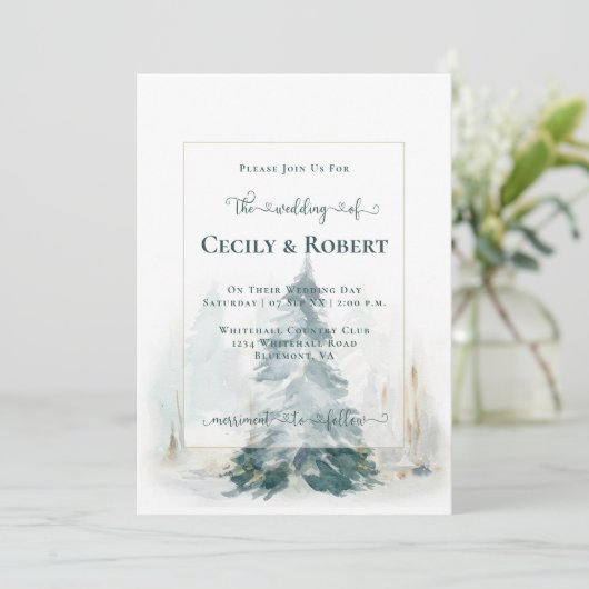 Winter Pine Tree Decorative Letting Wedding Einladung (Stehend Vorderseite)