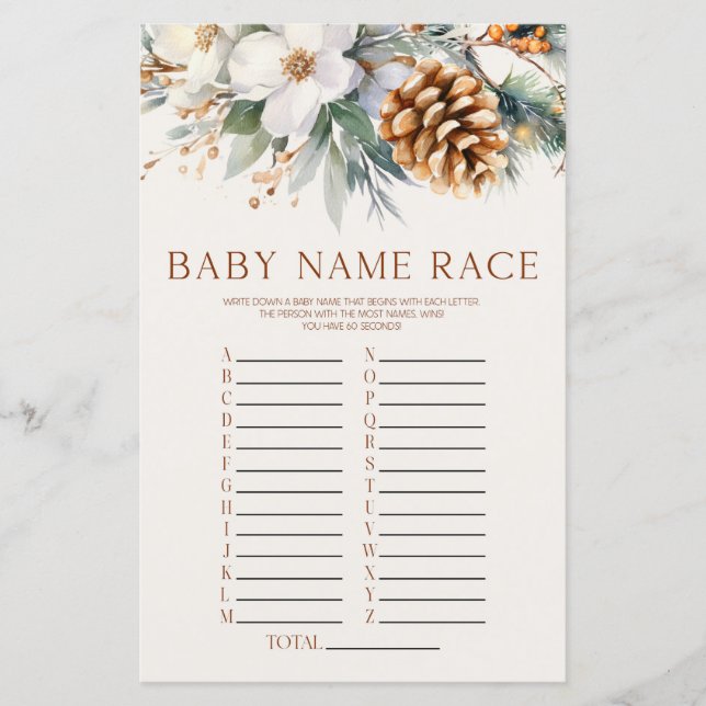 Winter Pine Tree Floral Name Race Baby Shower Game (Vorderseite)