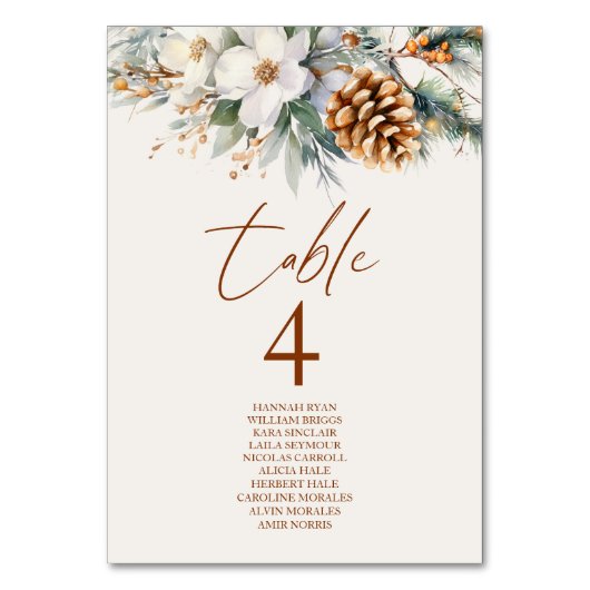 Winter Pine Tree Floral Wedding Tischnummer (Vorderseite)