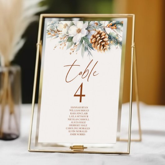 Winter Pine Tree Floral Wedding Tischnummer