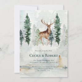 Winter Pine Tree Forest Deer Antlers Wedding Einladung