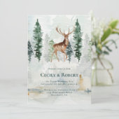 Winter Pine Tree Forest Deer Antlers Wedding Einladung (Stehend Vorderseite)