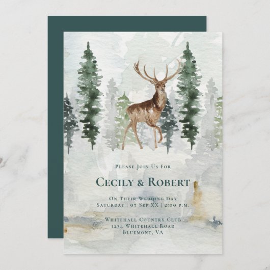 Winter Pine Tree Forest Deer Antlers Wedding Einladung (Vorne/Hinten)