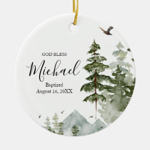 Winter Pine Tree Forest Taufe Gott segne Keramik Ornament