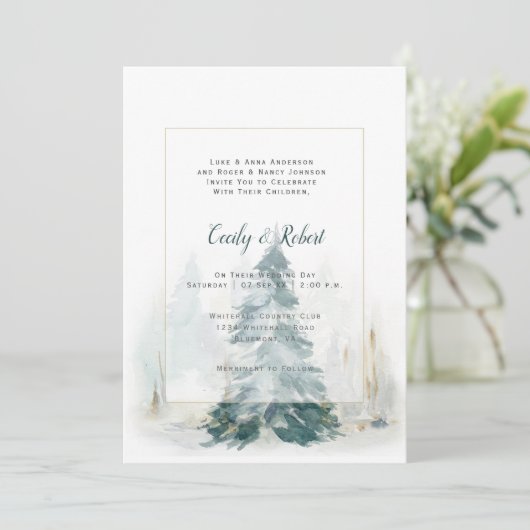 Winter Pine Tree Green Buffalo Karierte Hochzeit Einladung (Stehend Vorderseite)