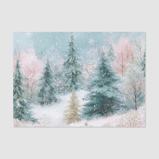 Winter Pine Tree Landscape Art with Pink & Gold Seidenpapier (Vorderseite)