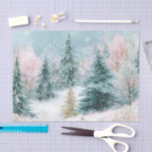 Winter Pine Tree Landscape Art with Pink & Gold Seidenpapier (Handwerk)