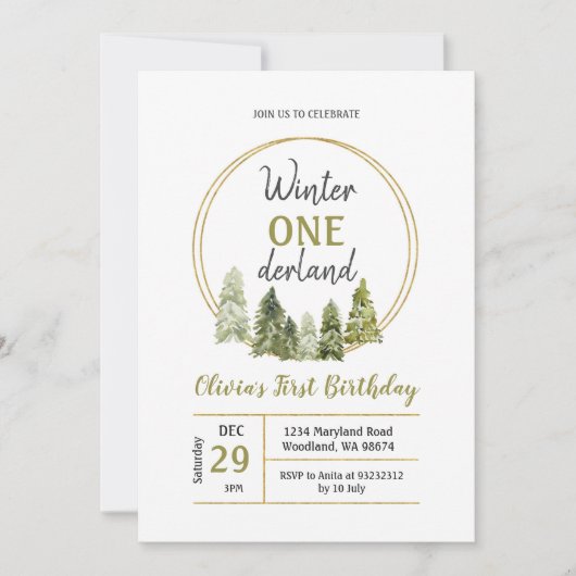 Winter Pine Tree ONEderland Einladung zum Geburtst (Vorderseite)