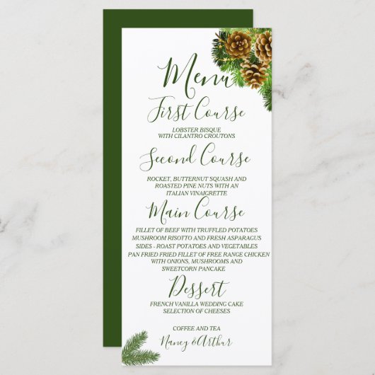 Winter Pine Tree & Pine Cones Hochzeit Menükarte (Vorne/Hinten)