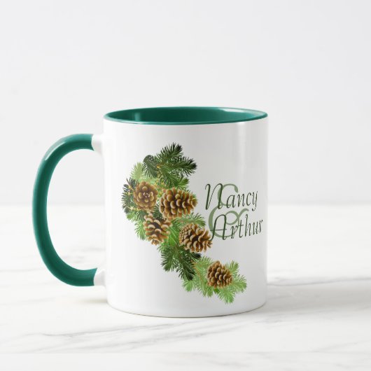 Winter Pine Tree & Pine Cones Hochzeit Tasse (Links)