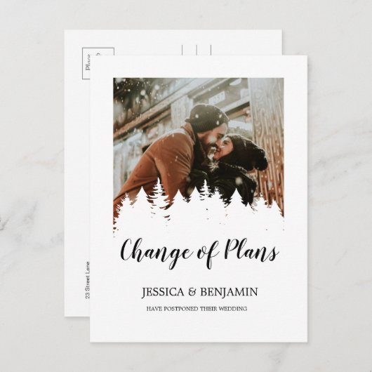 Winter Pine Tree Script Foto Änderung von Plänen Einladungspostkarte (Vorne/Hinten)